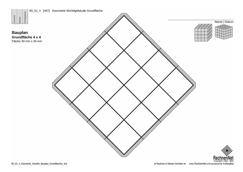 Geometrie Würfel Bau-Plan Fläche 4 x 4